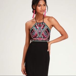 Embroidered halter, cut out/low back black maxi